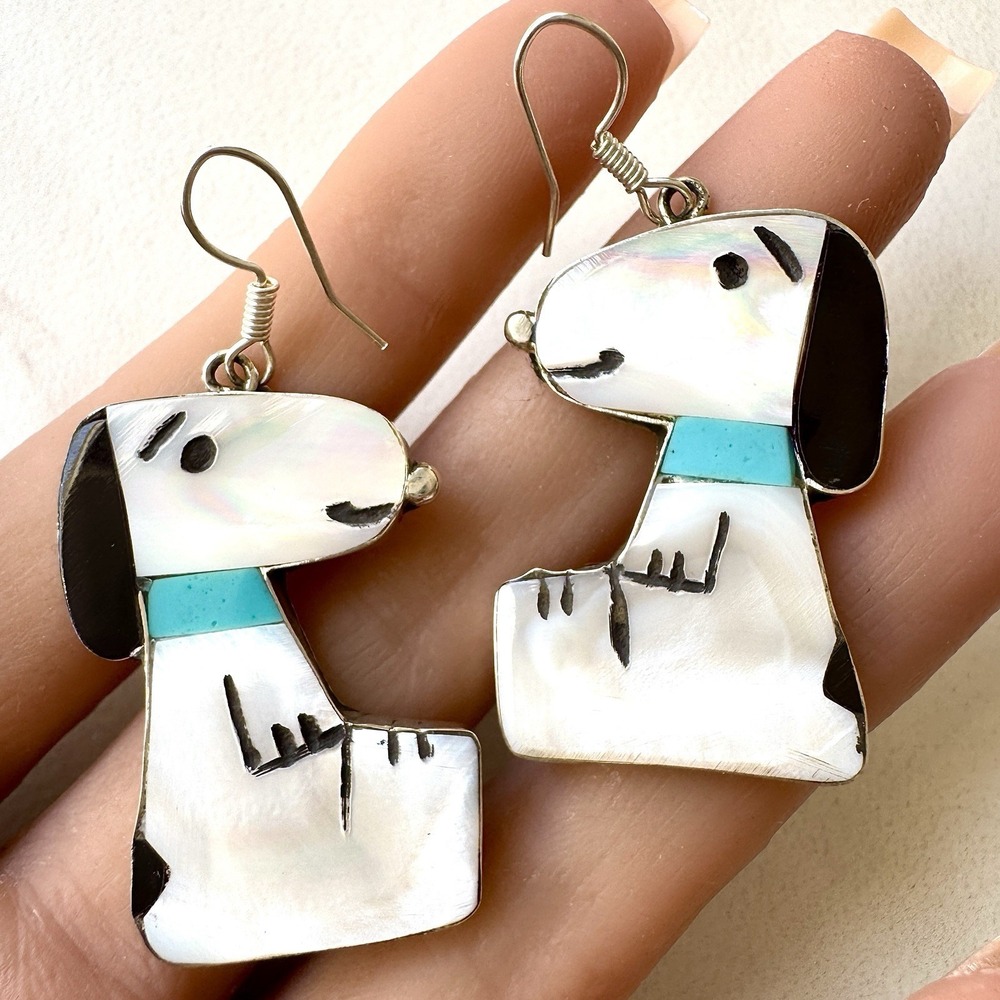Zuni Toons Snoopy Earrings Turquoise Hook 1.5" Inlay Silver Signed Peanuts Dog